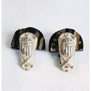 Vintage Egyptian Revival Scarab Silver Tone Wood Modernist Rare Clip On Earrings